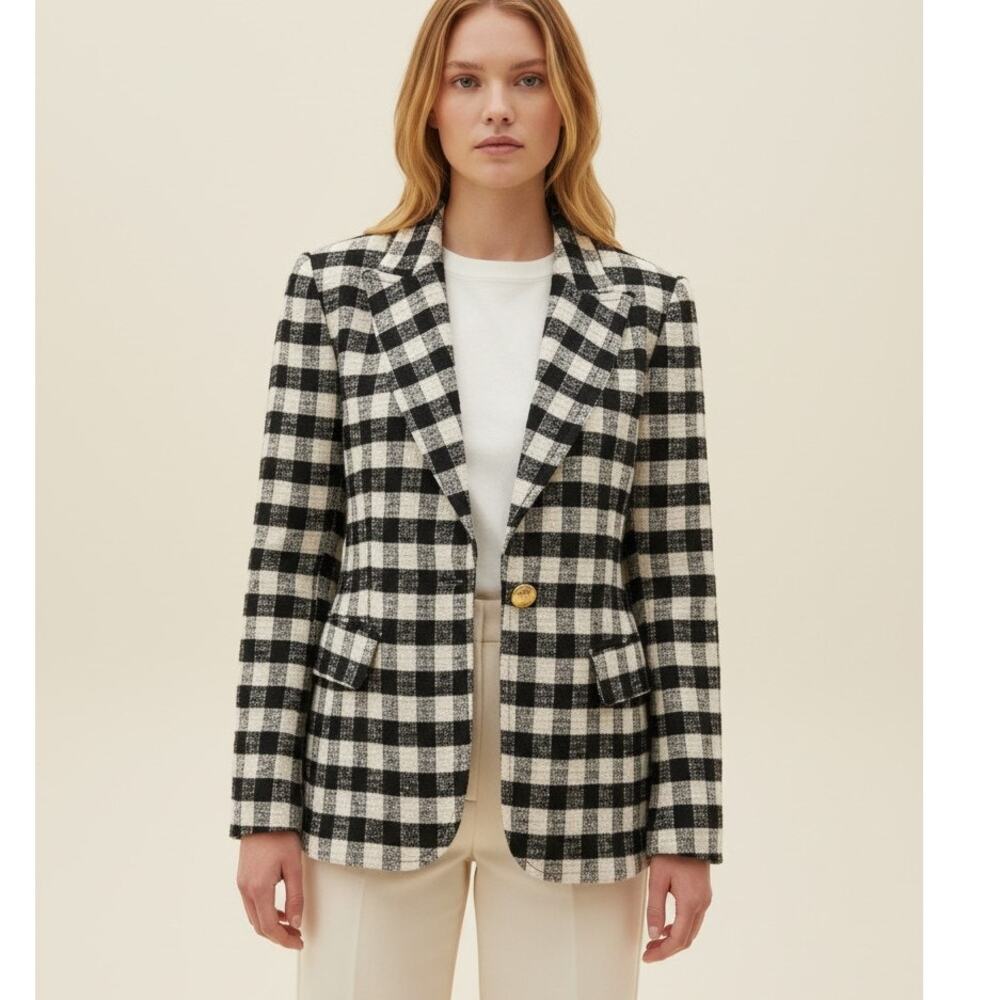 Smythe Gingham Lounge Blazer Black White Plaid Check Gold Button Jacket Size 14
